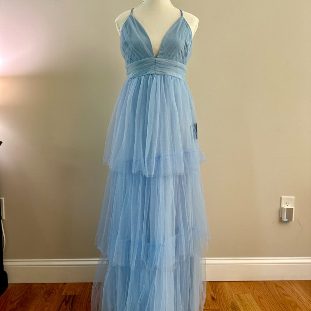 NWT Lulus Charming Glamour Light Blue Tulle Sleeveless Tiered Maxi Dress
